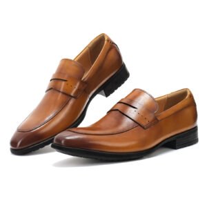 men's tan burnished leather slip on loafers