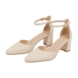women's beige pointed toe block heel pumps with ankle strap